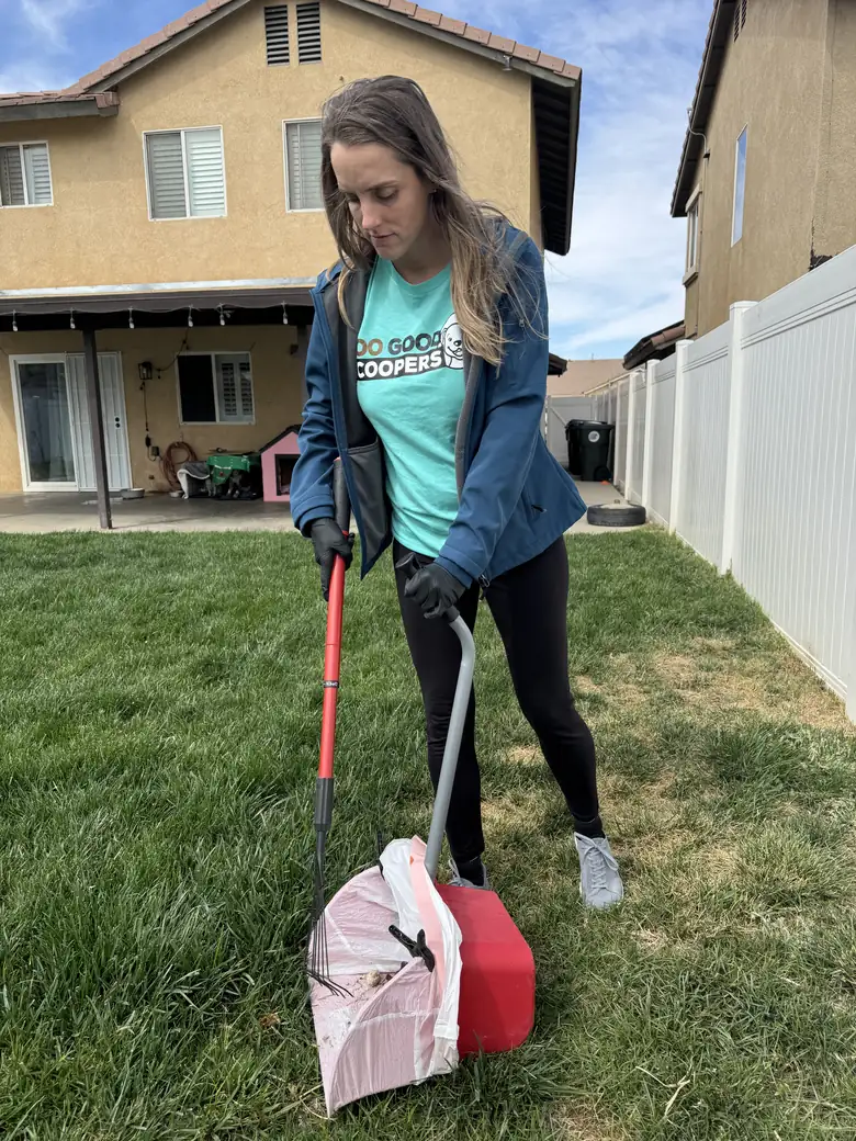 Clean dog-friendly Inland Empire backyard with turf, desert plants, mountains, and a happy family dog