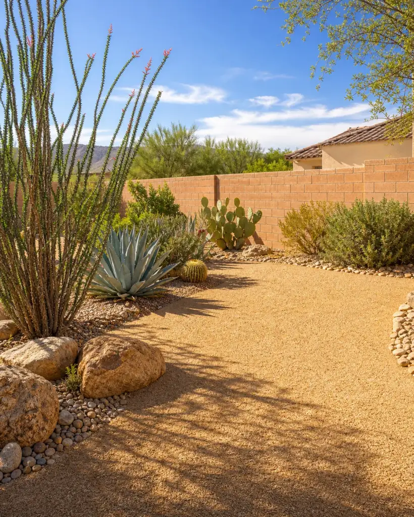 Clean Inland Empire desert backyard with cactus, gravel, and sunny local landscaping