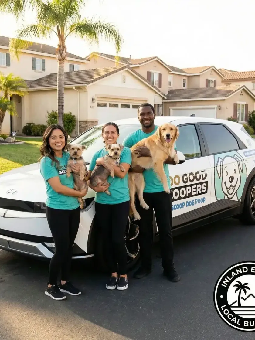 Doo Good Scoopers team holding dogs in front of the branded service car in the Inland Empire