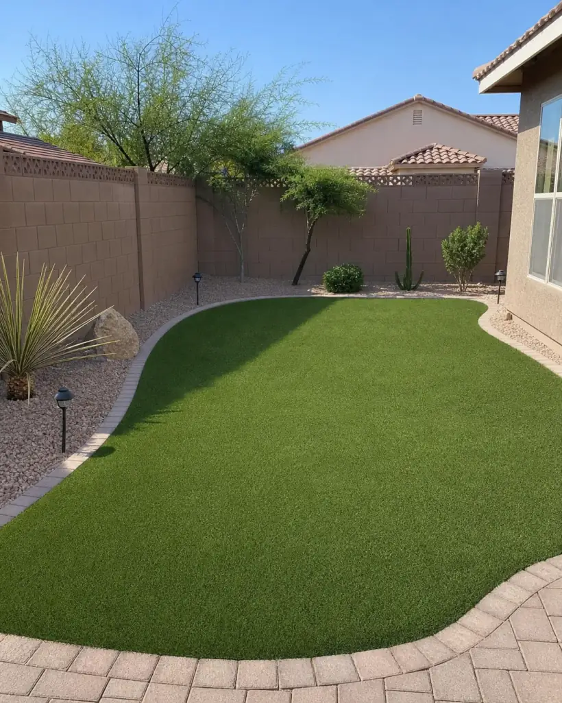 Fresh clean Inland Empire turf yard behind customer review cards